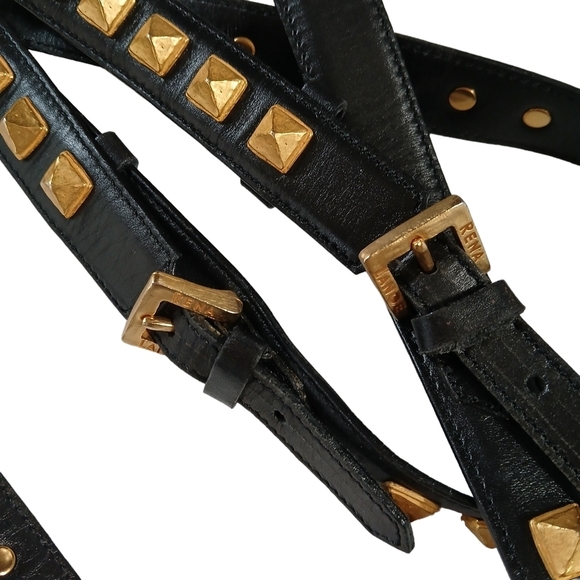 60\'s RARE Vintage Rena Lange Double Strap Belt Leather Bronze Tone Grommets  XS main image 8